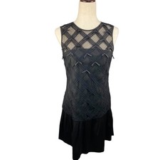 Ann Taylor Black Pleated Skirt Dress Sheer Bodice with Ribbons Size 4 EUC
