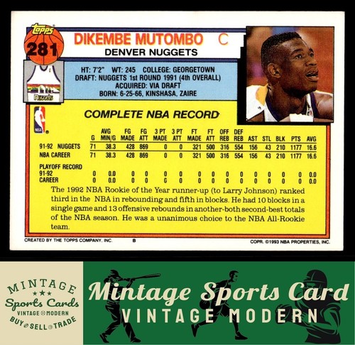 1992-93 Topps - Dikembe Mutombo - #281 Denver Nuggets - 第 2/2 張圖片