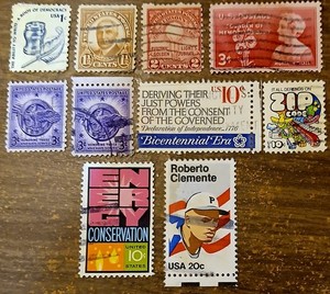 10 US STAMPS, 1977 1¢, '30 1.5¢, '29 2¢, 2 '46 &'48 3¢, '74,'76,'77 10¢, '84 20¢