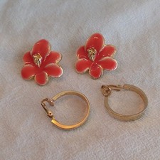 Gold Hoop Earrings Pink Flower Stud Enamel Metal Flowers Plants Theme