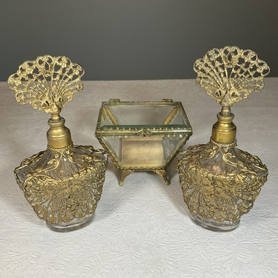 Vtg Ormolu Filigree Perfume Bottles & Gold Jewelry Box Casket Hollywood Regency