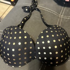 Victoria's Secret Bikini Top 34D Black Gold Polka Dot Push Up Halter ruched