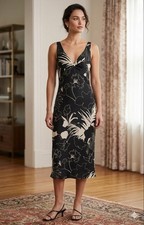 NWOT Max Mara Pura Seta I 42 Black Tan Floral 100 Silk Crepe Midi Dress US 8