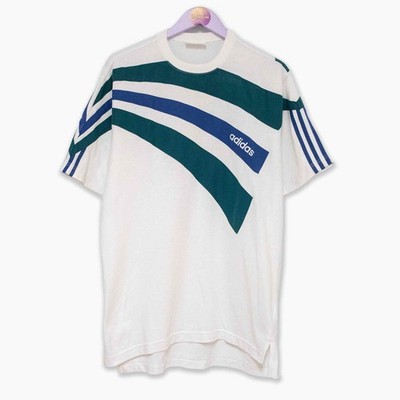 Adidas Vintage T Shirt weiß blau-grün gestreift 90er Jahre - Größe 6 Herren