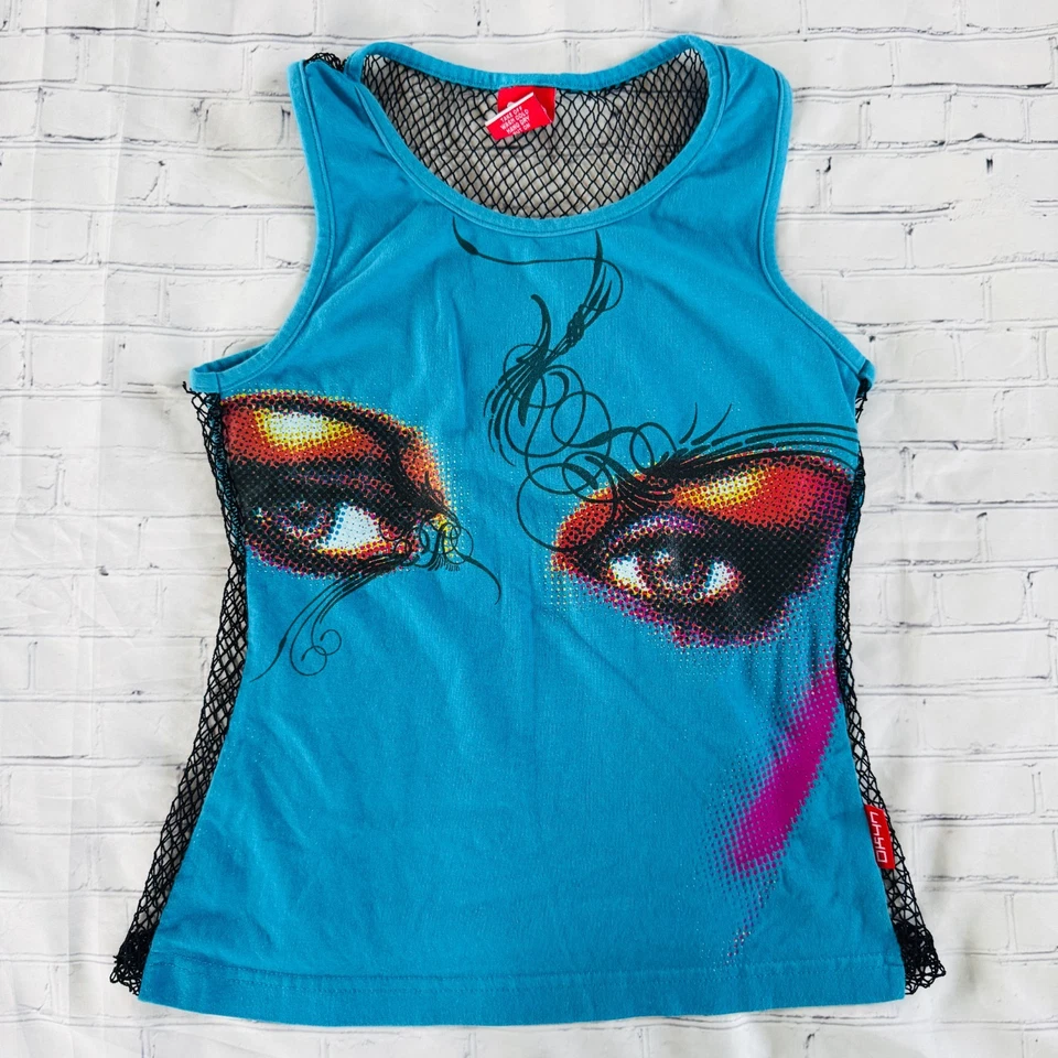 Y2K vtg OK47 Blue Rainbow COLOR HALFTONE Eye Graphic Print FISHNET Tank Top M - Image 3 of 4
