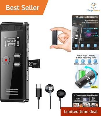 High-Capacity Digital Recorder - 128GB, 100-Hour Battery, Easy Playback & Save
