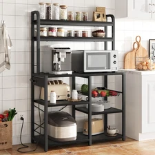 Bakers Rack with Power Outlet, 5-Tier Microwave Stand with Wire Basket, Coffe...