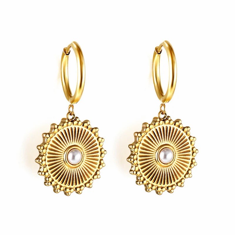 Gold Plated Sunburst Drop Earrings Stainless Steel Hoop Pearl Dangle