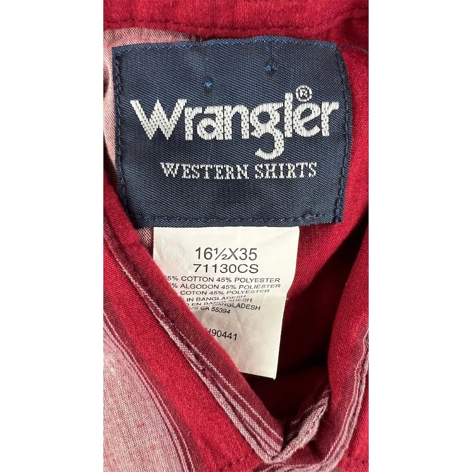 Wrangler Men's Red Striped Western Pearl Snap Shirt Long Sleeve 16.5x35 L - CJ - Image 4 of 4