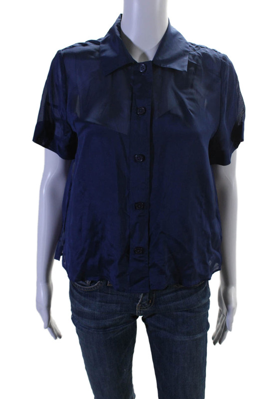 J Crew Womens Textured Short Sleeve Button Up Sheer Crop Blouse Blue Size 4