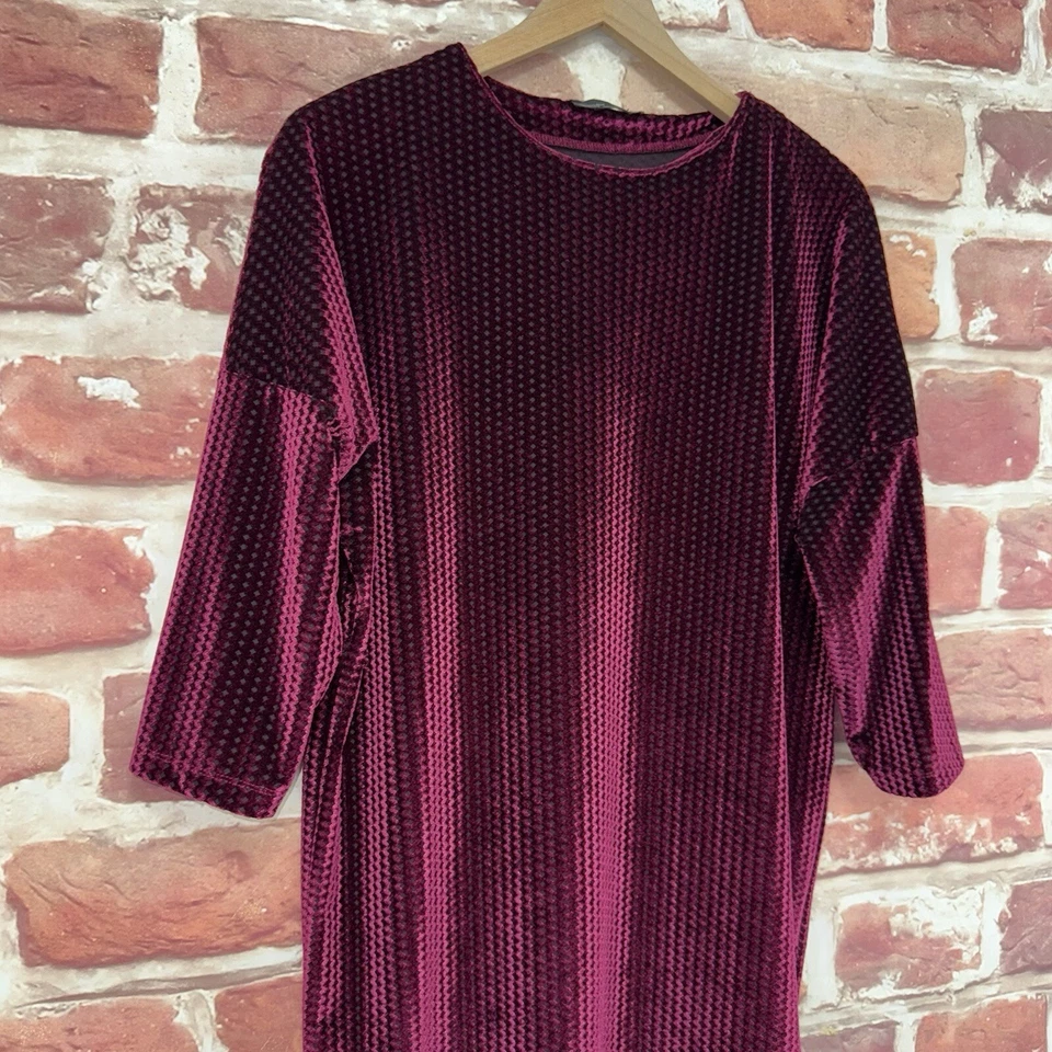 Zara Dress Womens Small Burgundy Black Diamond Velvet Velour Popover - Image 3 of 4