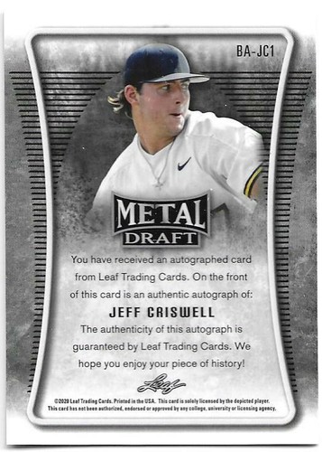 2020 Leaf Metal Draft Baseball JEFF CRISWELL Rookie Silver Autograph #BA-JC1 - Picture 2 of 2