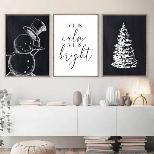 3 Pieces Winter Snowman Poster Prints Wall Art Winter Pine Tree Canvas Painting