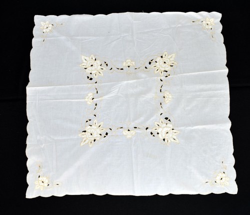 Vintage Cream with Gold Floral Embroidery Cutwork Cotton Tablecloth 30 x 32 - Picture 10 of 10