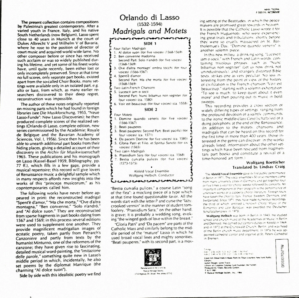 Orlando Di Lasso-Madrigals and Motets LP, 1994 MHS EXC+/MINT! - Image 2 of 3