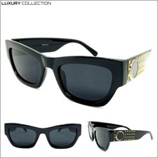 Classy Elegant Contemporary Modern Retro SUN GLASSES Black Frame Lens Gold Studs