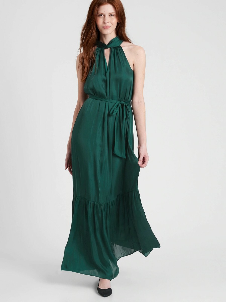 Banana Republic Satin Twisted Maxi Dress, LOCH GREEN SIZE 6