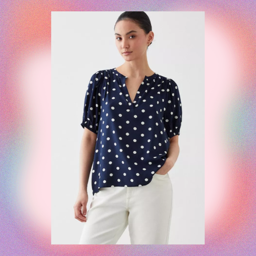 Dorothy Perkins Petite Navy Spot Puff Sleeve Overhead Shirt size 12 rrp £29