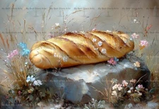 BAGUETTE ON MEADOW ART PRINT, Bakery Bread Poster, Kitchen Food Wall Decor E122