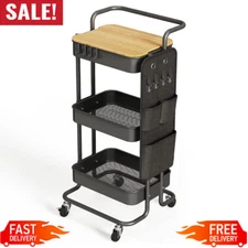 3 Tier Metal Utility Rolling Cart w/ Table Top Side Bags Tray Storage Organizer