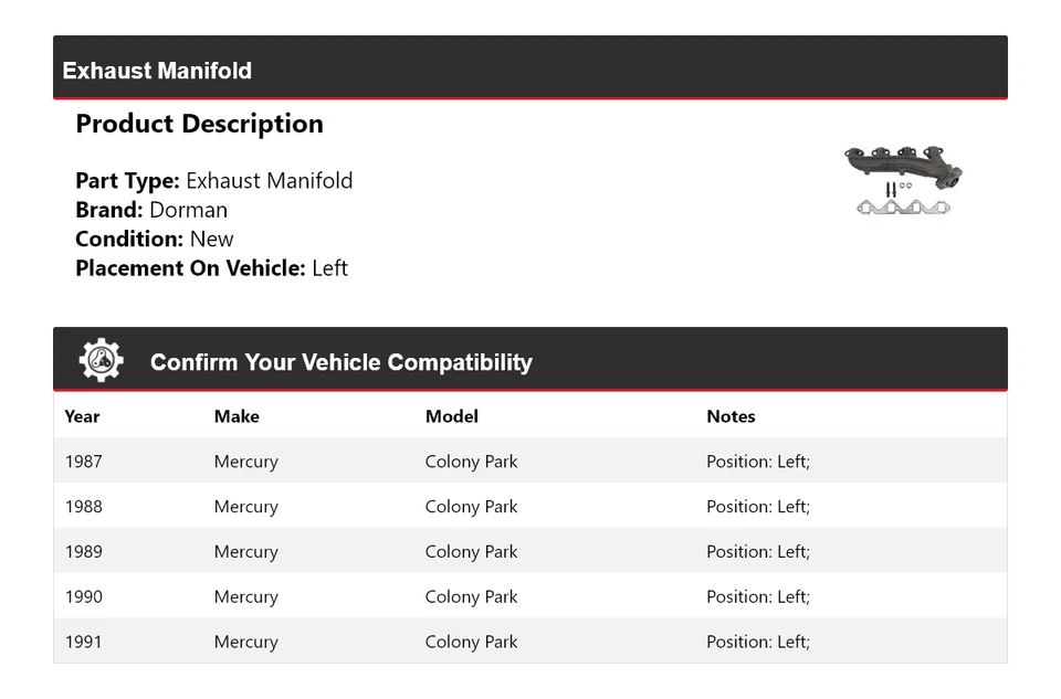 Colector de escape izquierdo Mercury Colony Park Dorman 1987-1991 1988 1989 1990 Foto 2 de 4