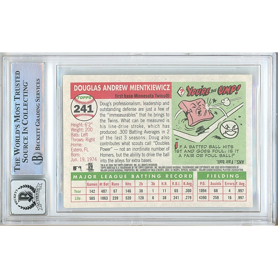 Doug Mientkiewicz Signed 2004 Topps Heritage #241 Twins BGS MLB Auto 10 Slabbed - Image 3 of 4