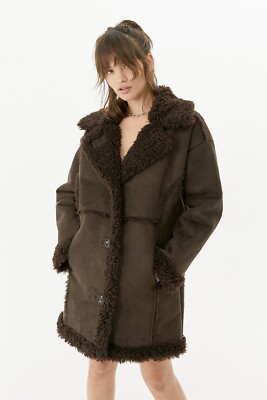 Urban Outfitters Faux Shearling Brown Longline Coat Size S UK