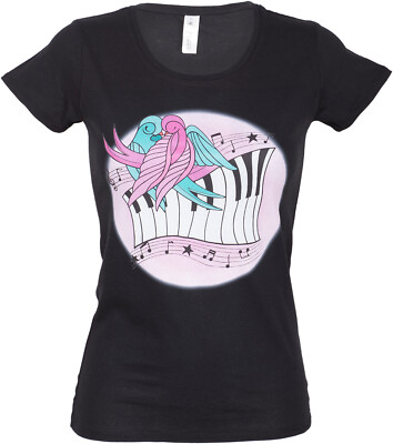 Küstenluder »PIANO IN LOVE SWALLOWS« Newschool T-SHIRT Schwarz Rockabilly