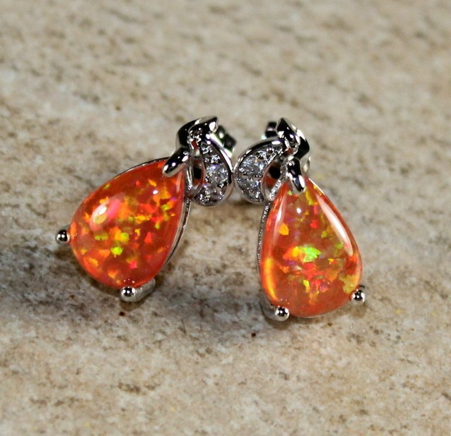 SILVER Elegant Orange Fire Opal Teardrop Stud Earrings Jewelry Woman