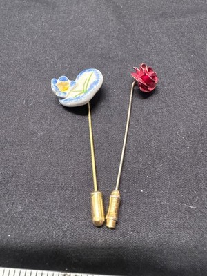 Vintage Artisan Enamel Flower Purple Iris Red Rose Floral Stick Pins Handcrafted