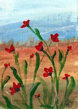 ACEO Original Acrylic Painting Red Poppies #2 in Field Art signed by CS Jackson