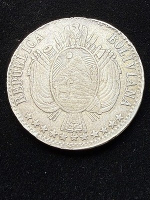 1867 PTS Bolivia Silver 1 Boliviano Potosi Mint Coat of Arms Coin KM#152.1 NF033