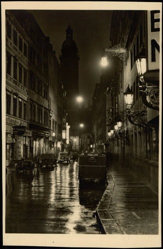 Ansichtskarte Leipzig Thüringer Hof, Straße bei Nacht und Regen 1932 - Bild 2 von 3