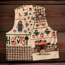 Fall Autumn Harvest Women's L Vintage Vest Reversible Scarecrow Cat Granny Fall