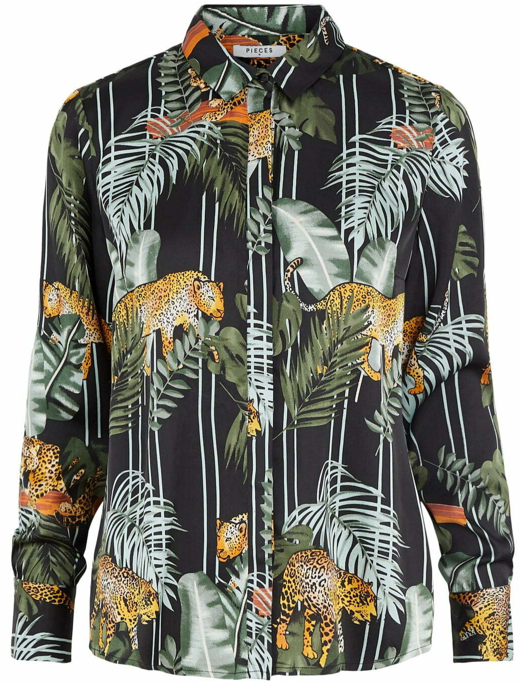 Pieces Satin Shirt Blouse Kimi Long Sleeve Size 14 Uk BNWT RRP £31.95 Jungle Leo