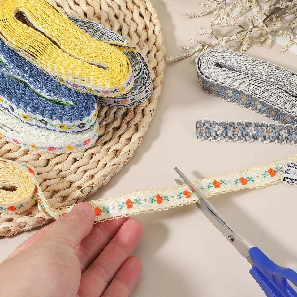 Cinta de jacquard de 3 yardas, cinta bordada floral, cian Foto 4 de 4