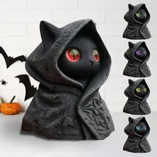 Black Cat Mysterious Hooded Mini Figurine Statue Sculpture Halloween Desk Decor