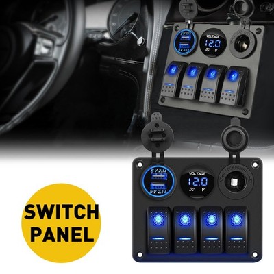 4-in-1 Dual USB Car Charger Socket Panel Blue LED Voltmeter Cigarette Lighter US