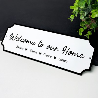 Targa Da Parete "Welcome To Our Home" In Resina Nera Con Lettere Argento, Per Esterni, 13x8,5 Cm - 3