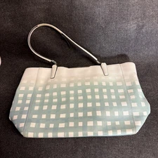 COACH Duck Egg Blue/ White Gingham Saffiano Leather East West Tote Bag #30118
