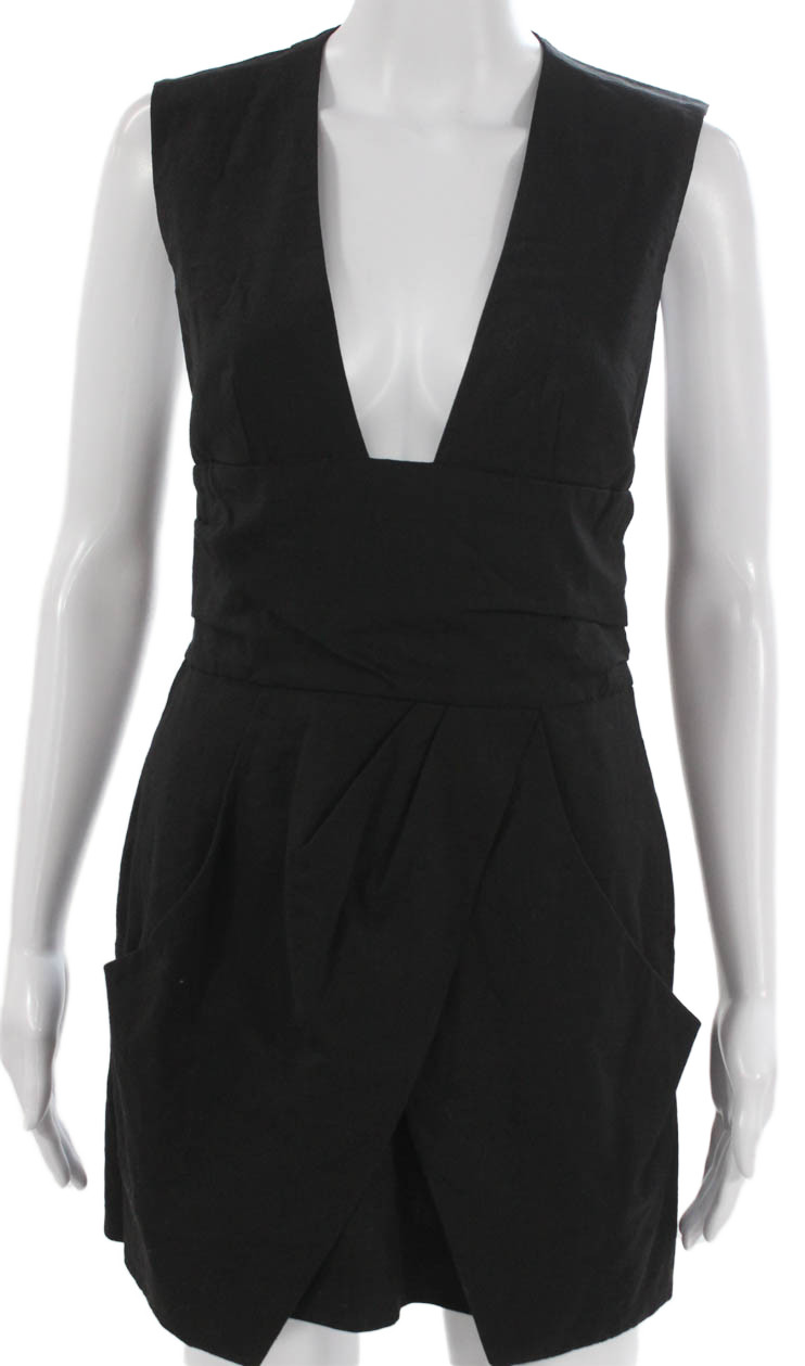 Isabel Marant Womens Mini V Neck Linen Blend Dress Black Zip Sleeveless Size 38Free Shipping in US $100+ Orders | $6.95 Orders Below