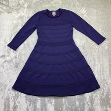Vince Camuto Knit Fit Flare Dress Navy Blue Long Sleeve Eyelet Pointelle Sz M