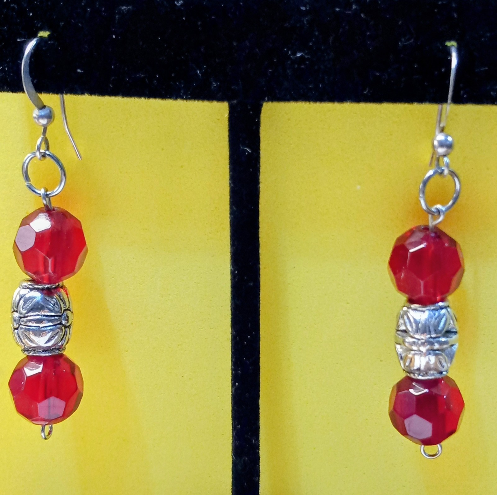 Faceted Ruby Red Glass 2" Beaded Dangle Earrings … - image 1