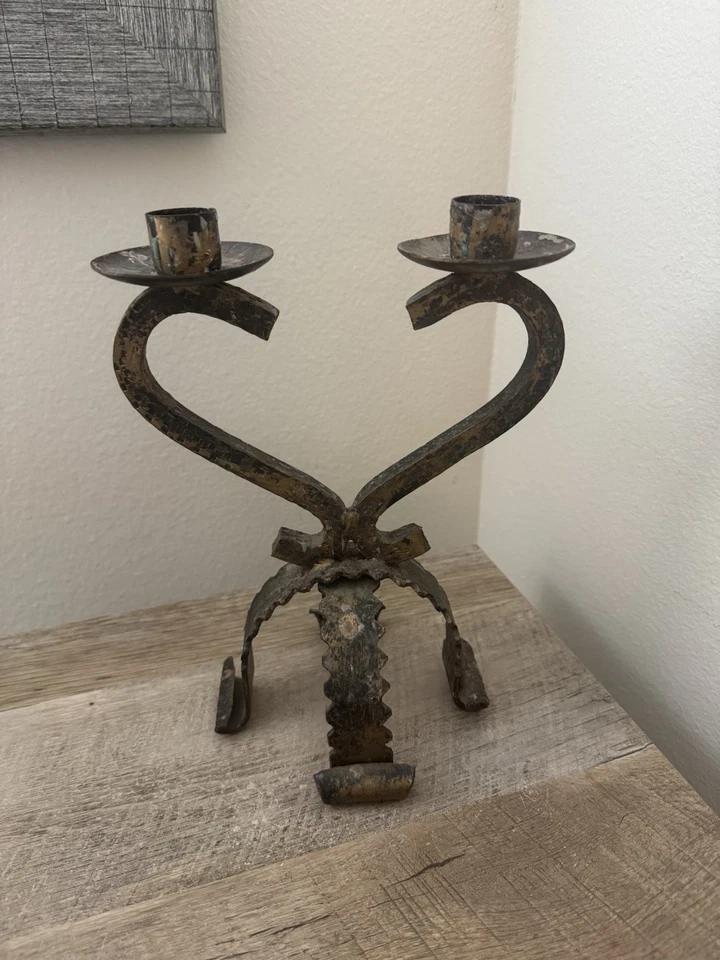 Vintage Metal Candleholder Medieval Spanish Decor Black Brown Gold Candles - Image 2 of 4