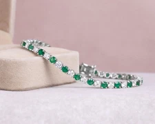 8.90 Ct Green Emerald Round Shape & Diamond 14K White Gold Over Tennis Bracelet