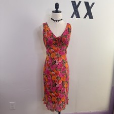 Vintage Maggy London Silk Chiffon Vivid Floral Flared Tea Length Midi Dress 6