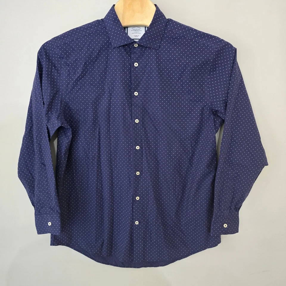 Charles Tyrwhitt Mens Dress Shirt 17/36 Classic Fit Non Iron Navy Polka Dot - Image 2 of 4