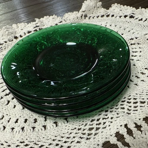 Set Of 4 Vintage Anchor Hocking Sandwich Pattern Dark Emerald Green 4.5” Saucers