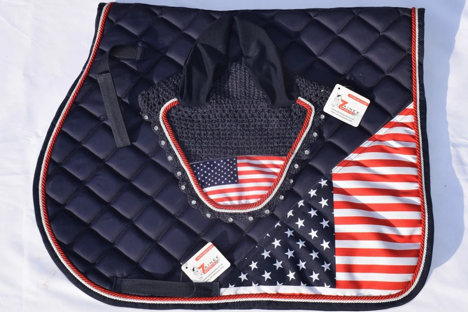 Juego de almohadillas de sillín azul marino bandera de EE. UU. inglés con capó de mosca a juego - multiusos Foto 3 de 4