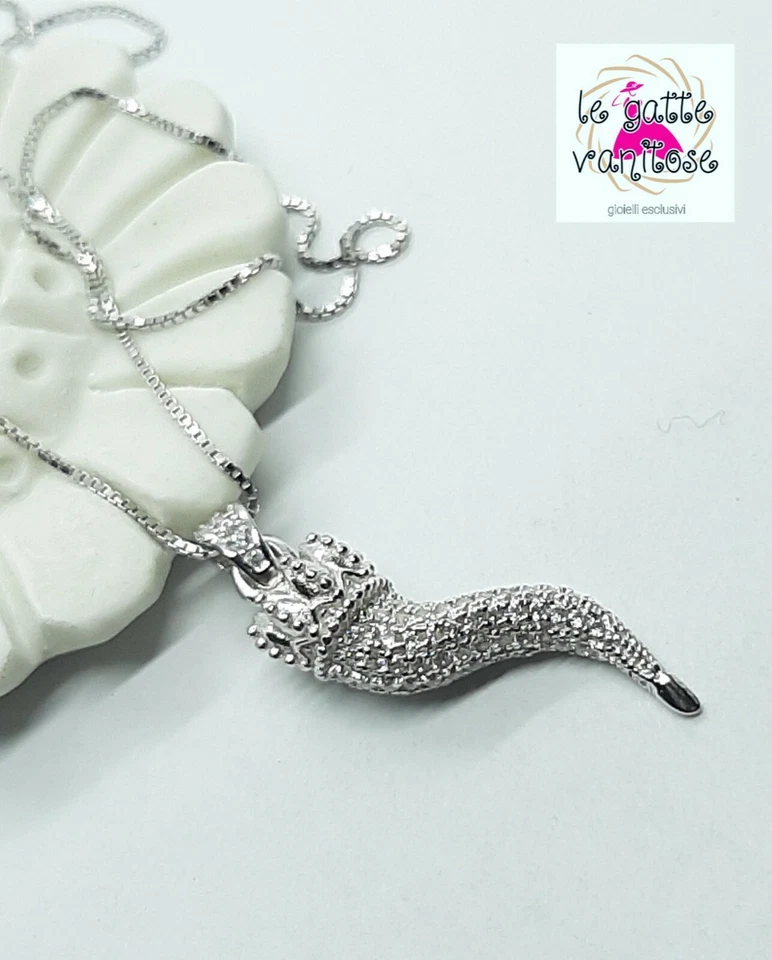 Collana con Corno cornetto Portafortuna in Argento 925 Zirconi bianchi bombato - Immagine 2 di 4